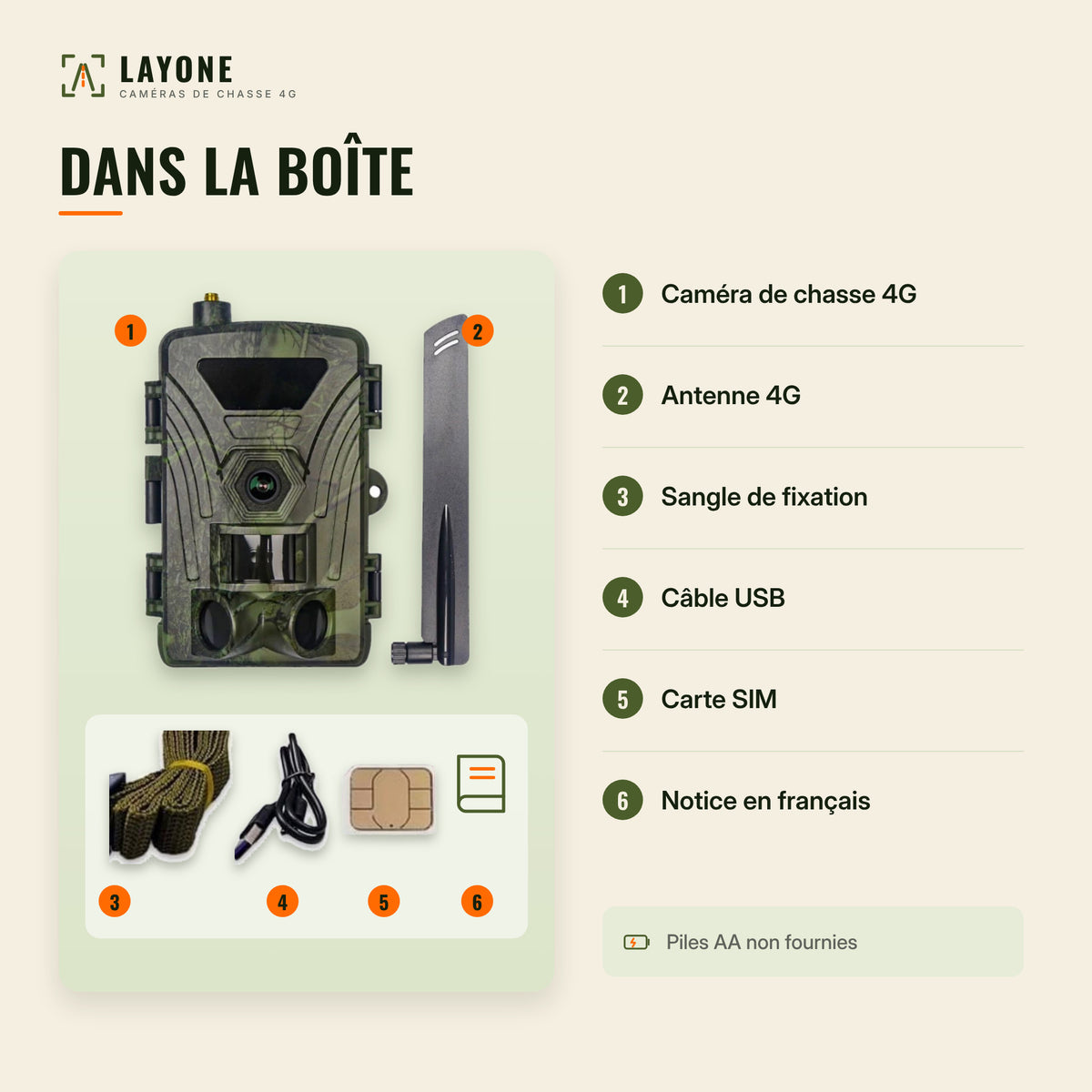 Contenu de la boîte de la caméra de chasse 4G LAYONE